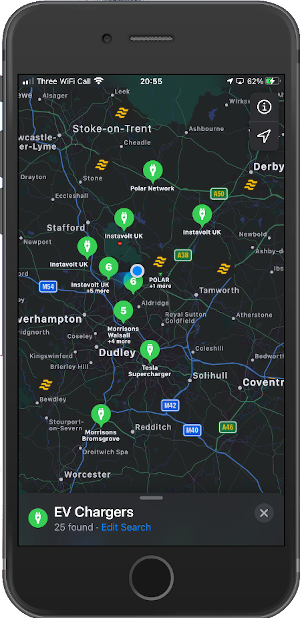An EV Plus charging location shown in a smartphone charge point map app